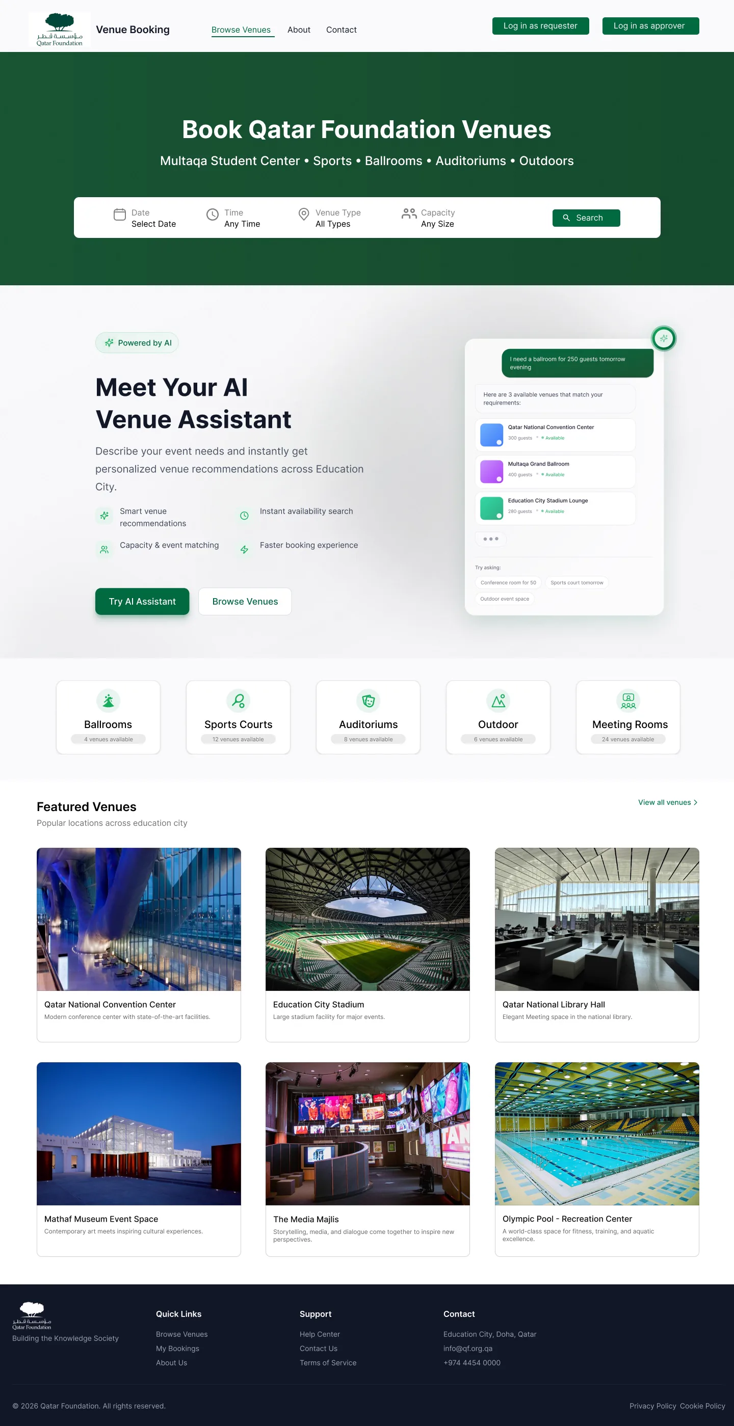QF Venue Booking website home page design in Figma