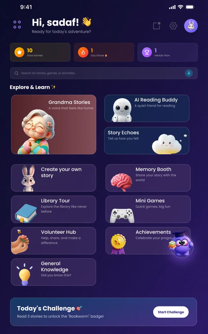 QNL Kids homepage, dark mode